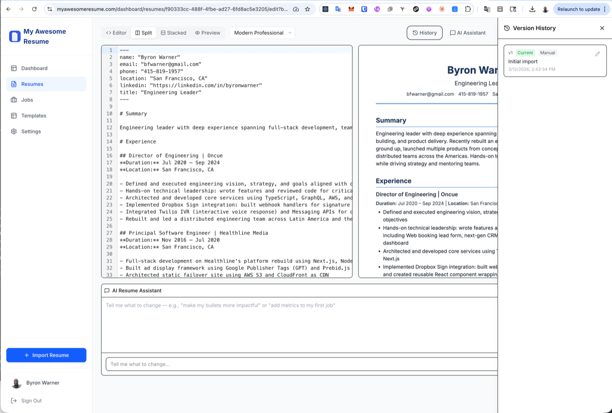 Version history panel showing resume versions