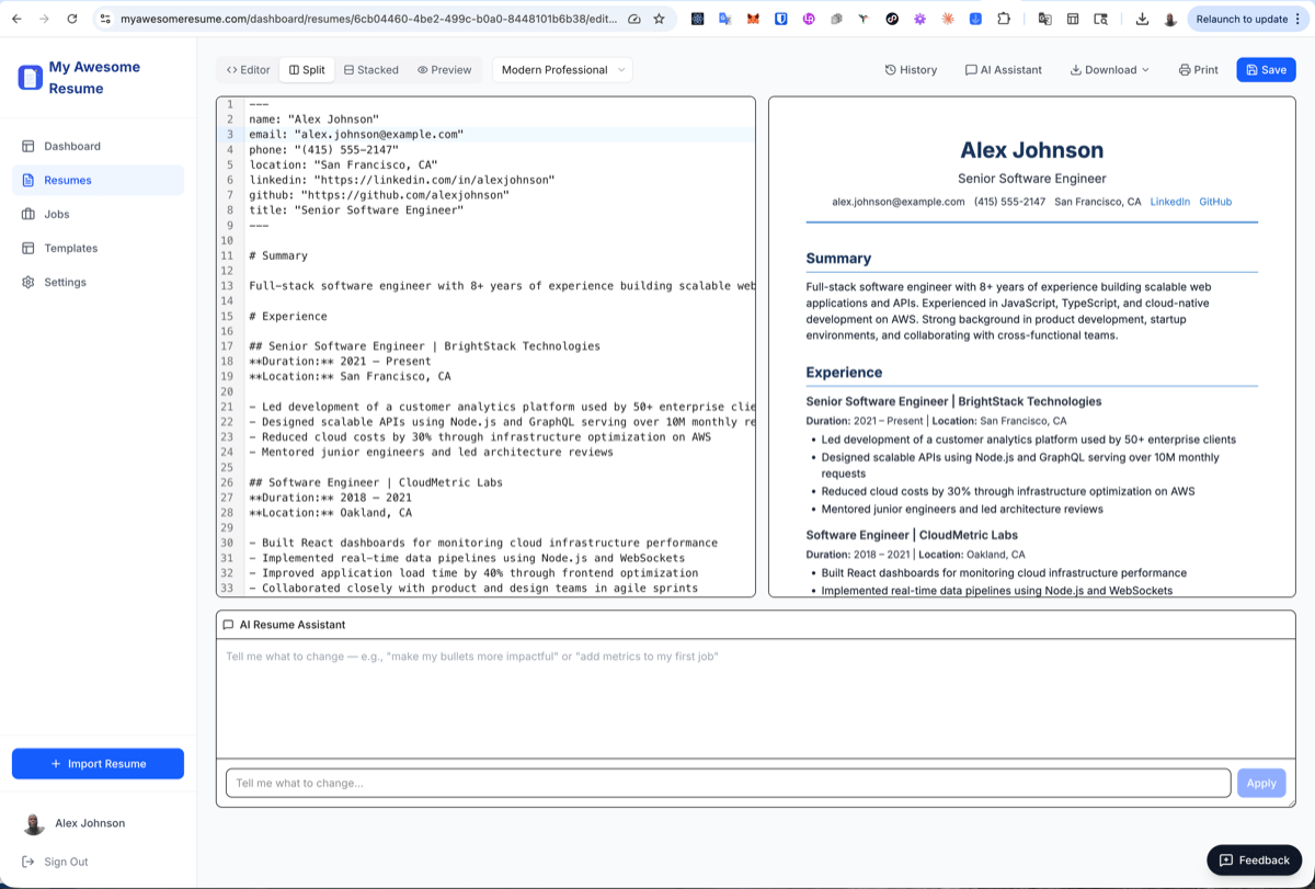 Resume editor with AI assistant