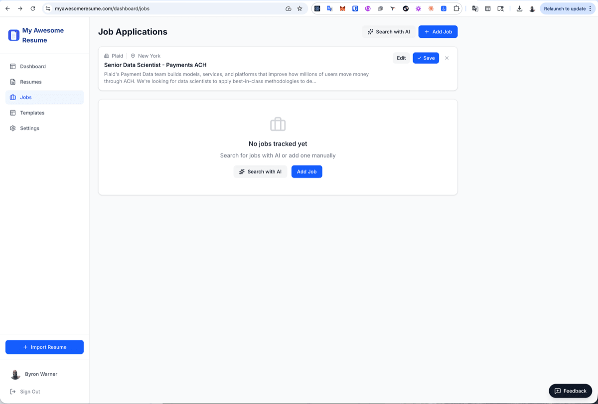 Job tracking dashboard with application statuses